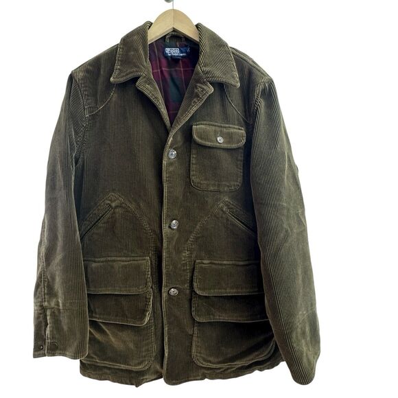 VTG Polo Ralph Lauren Brown Corduroy Jacket Sz M Barn Coat Pockets Plaid Lining - Picture 1 of 9